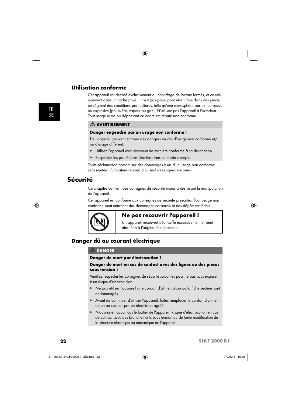 Sécurité, Utilisation conforme, Ne pas recouvrir l'appareil | Danger dû au courant électrique, Fr be | Silvercrest SHLF 2000 B1 User Manual | Page 25 / 76