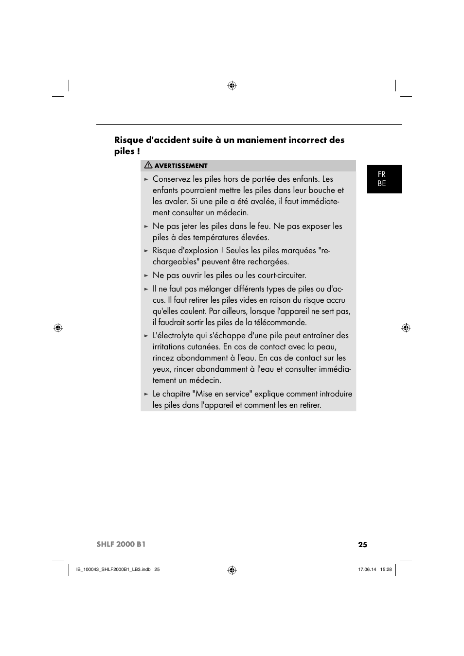 Ne pas ouvrir les piles ou les court-circuiter | Silvercrest SHLF 2000 B1 User Manual | Page 28 / 76