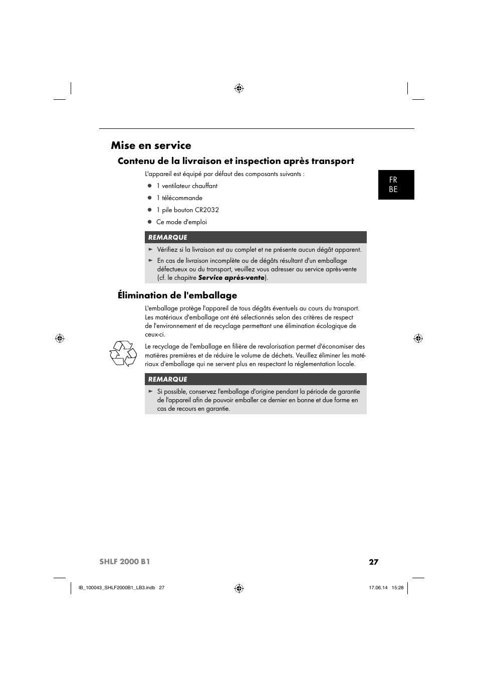 Mise en service, Élimination de l'emballage, Fr be | Silvercrest SHLF 2000 B1 User Manual | Page 30 / 76