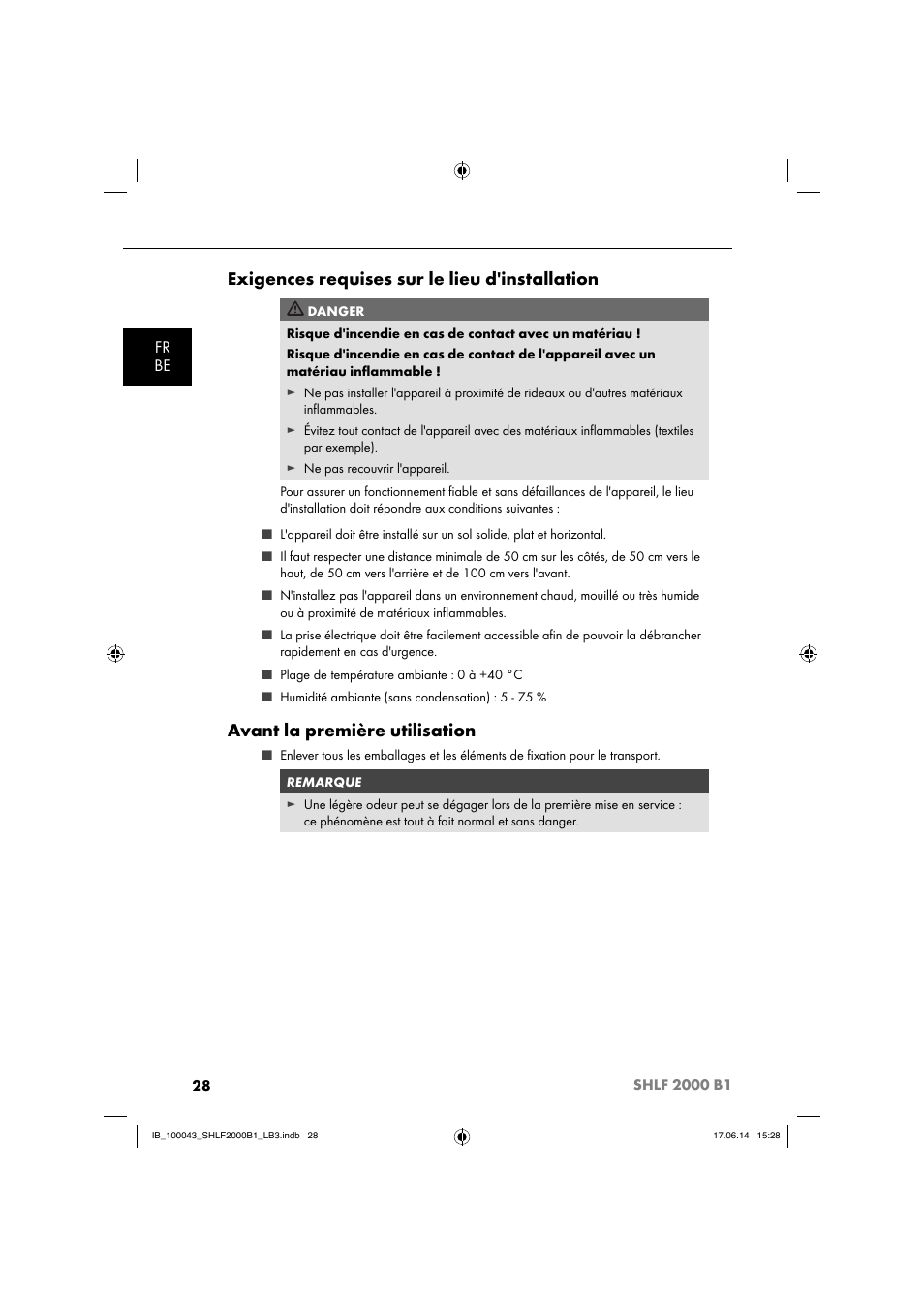 Exigences requises sur le lieu d'installation, Avant la première utilisation, Fr be | Silvercrest SHLF 2000 B1 User Manual | Page 31 / 76