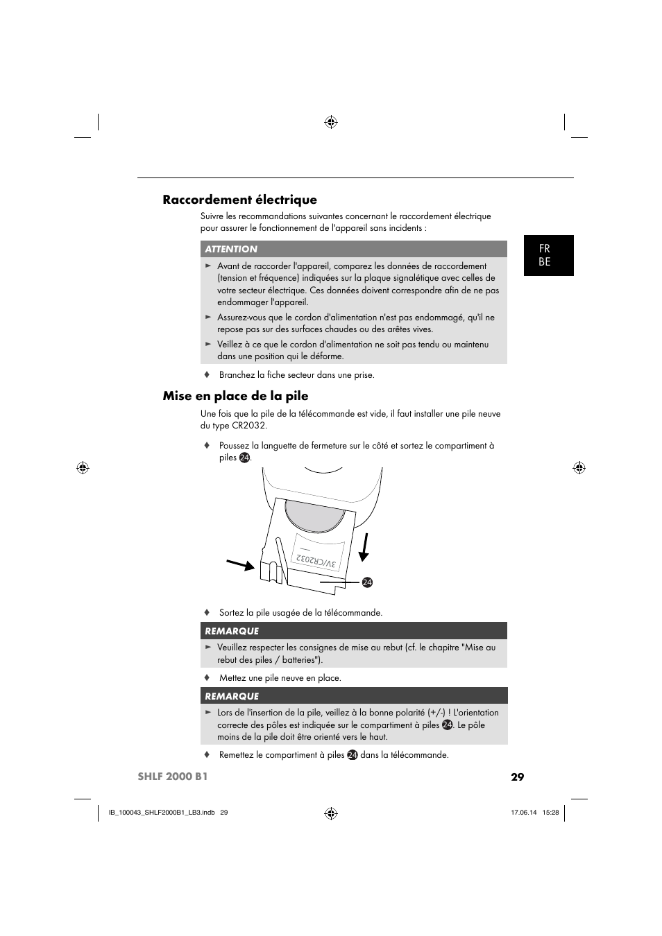 Raccordement électrique, Mise en place de la pile, Fr be | Silvercrest SHLF 2000 B1 User Manual | Page 32 / 76