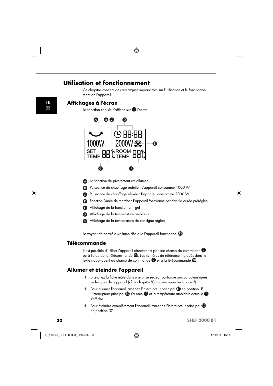 Utilisation et fonctionnement, Aﬃ chages à l'écran, Télécommande | Allumer et éteindre l'appareil, Fr be, Set temp temp room | Silvercrest SHLF 2000 B1 User Manual | Page 33 / 76