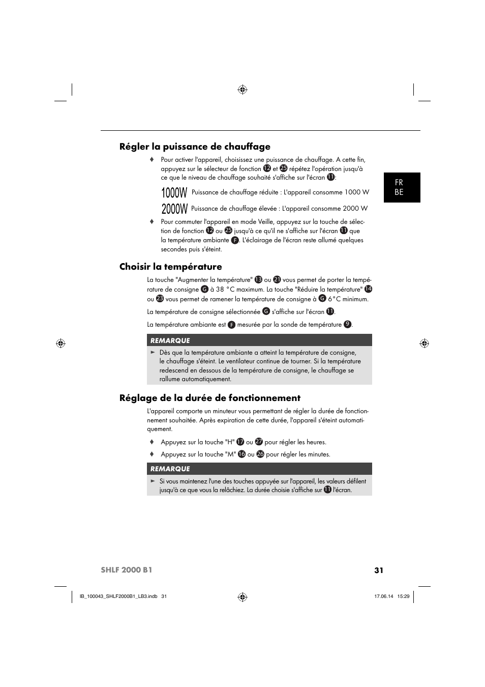 Régler la puissance de chauﬀ age, Choisir la température, Réglage de la durée de fonctionnement | Fr be | Silvercrest SHLF 2000 B1 User Manual | Page 34 / 76
