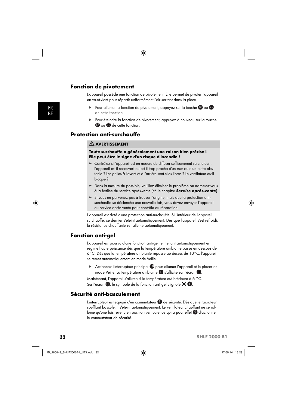 Fonction de pivotement, Protection anti-surchauﬀ e, Fonction anti-gel | Sécurité anti-basculement, Fr be | Silvercrest SHLF 2000 B1 User Manual | Page 35 / 76