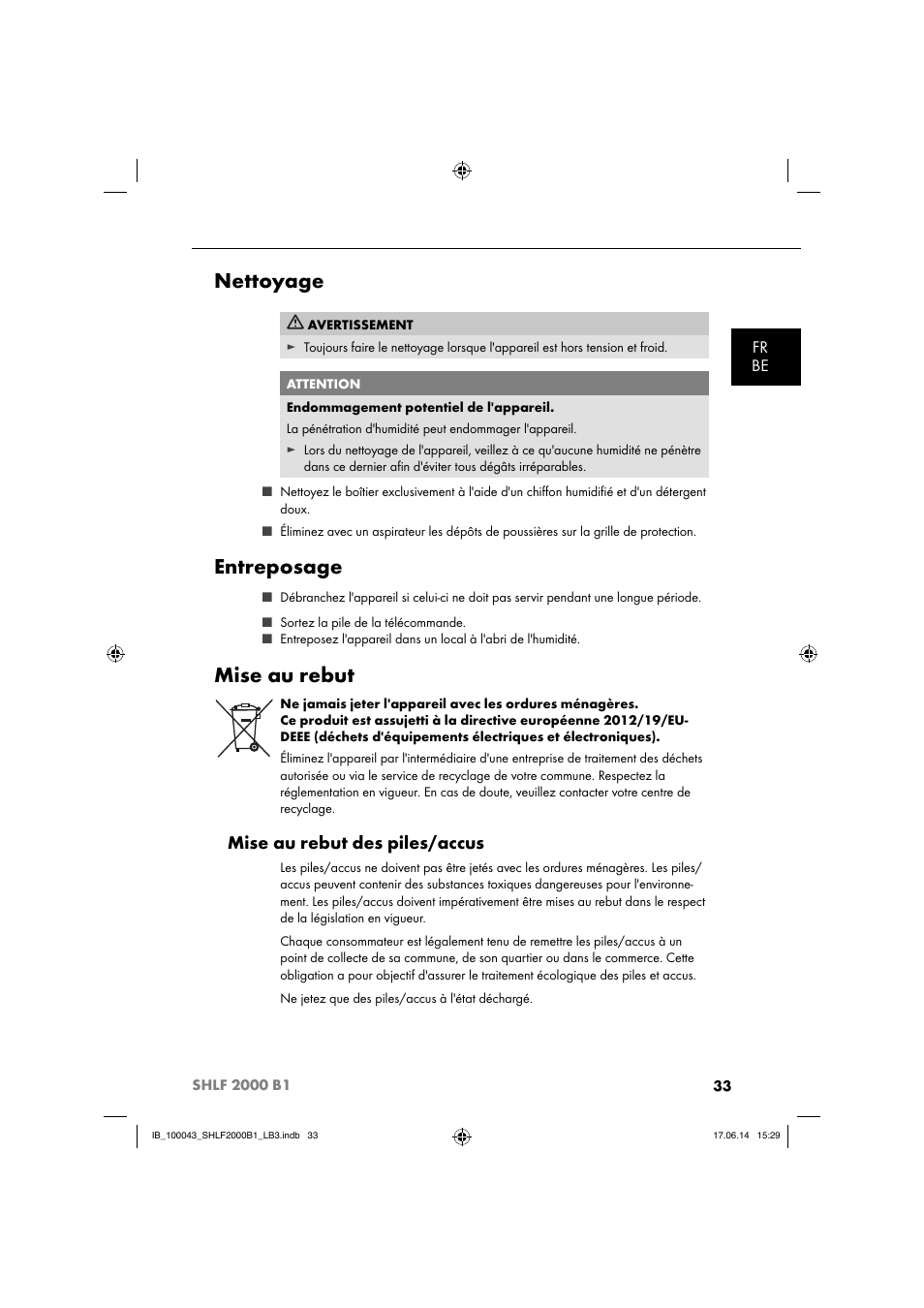 Nettoyage, Entreposage, Mise au rebut | Mise au rebut des piles/accus | Silvercrest SHLF 2000 B1 User Manual | Page 36 / 76