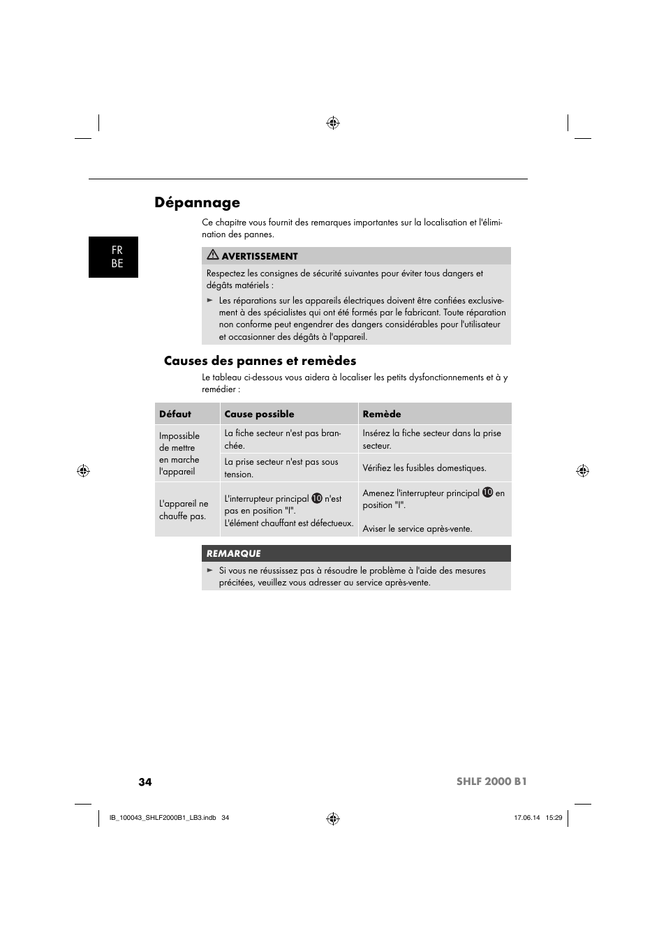 Dépannage, Causes des pannes et remèdes, Fr be | Silvercrest SHLF 2000 B1 User Manual | Page 37 / 76