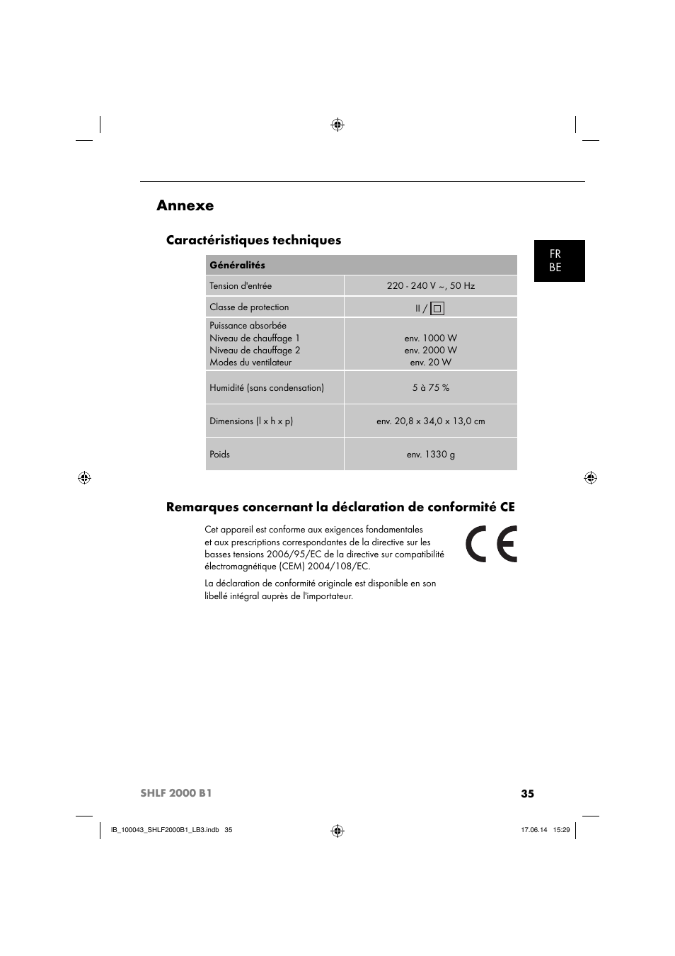 Annexe, Caractéristiques techniques, Fr be | Silvercrest SHLF 2000 B1 User Manual | Page 38 / 76