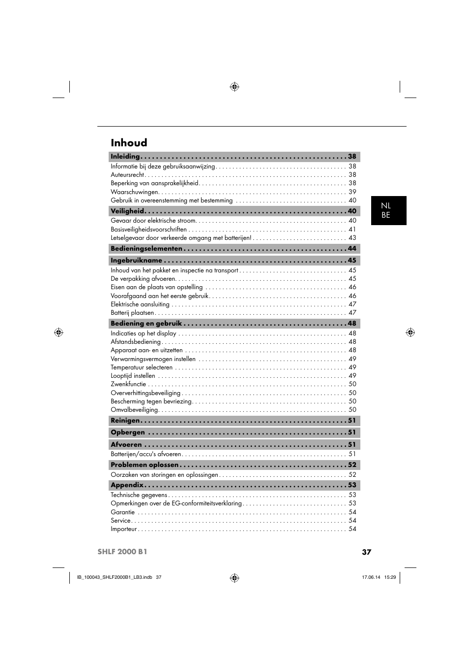 Inhoud, Nl be | Silvercrest SHLF 2000 B1 User Manual | Page 40 / 76