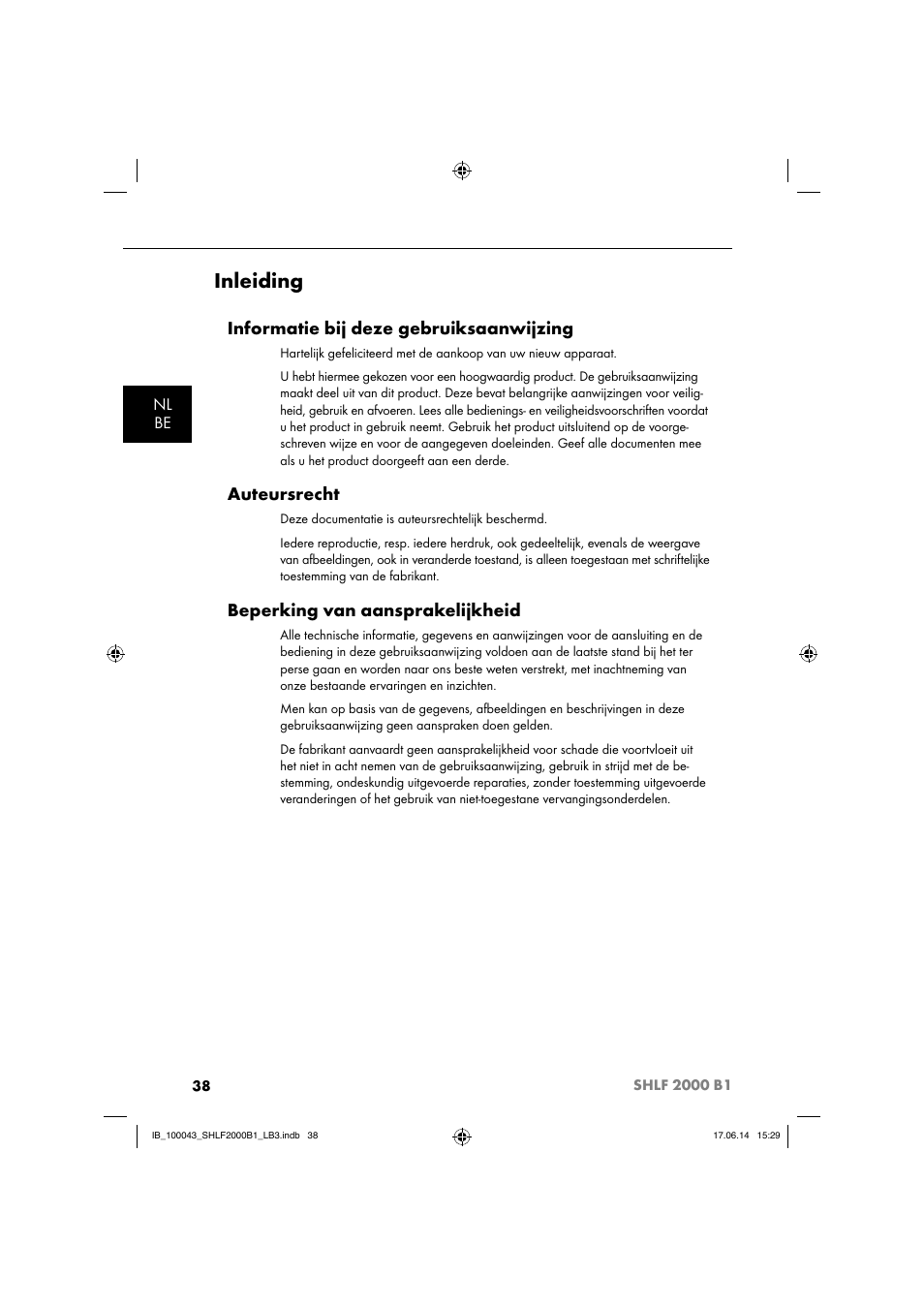 Inleiding, Informatie bij deze gebruiksaanwijzing, Auteursrecht | Beperking van aansprakelijkheid | Silvercrest SHLF 2000 B1 User Manual | Page 41 / 76