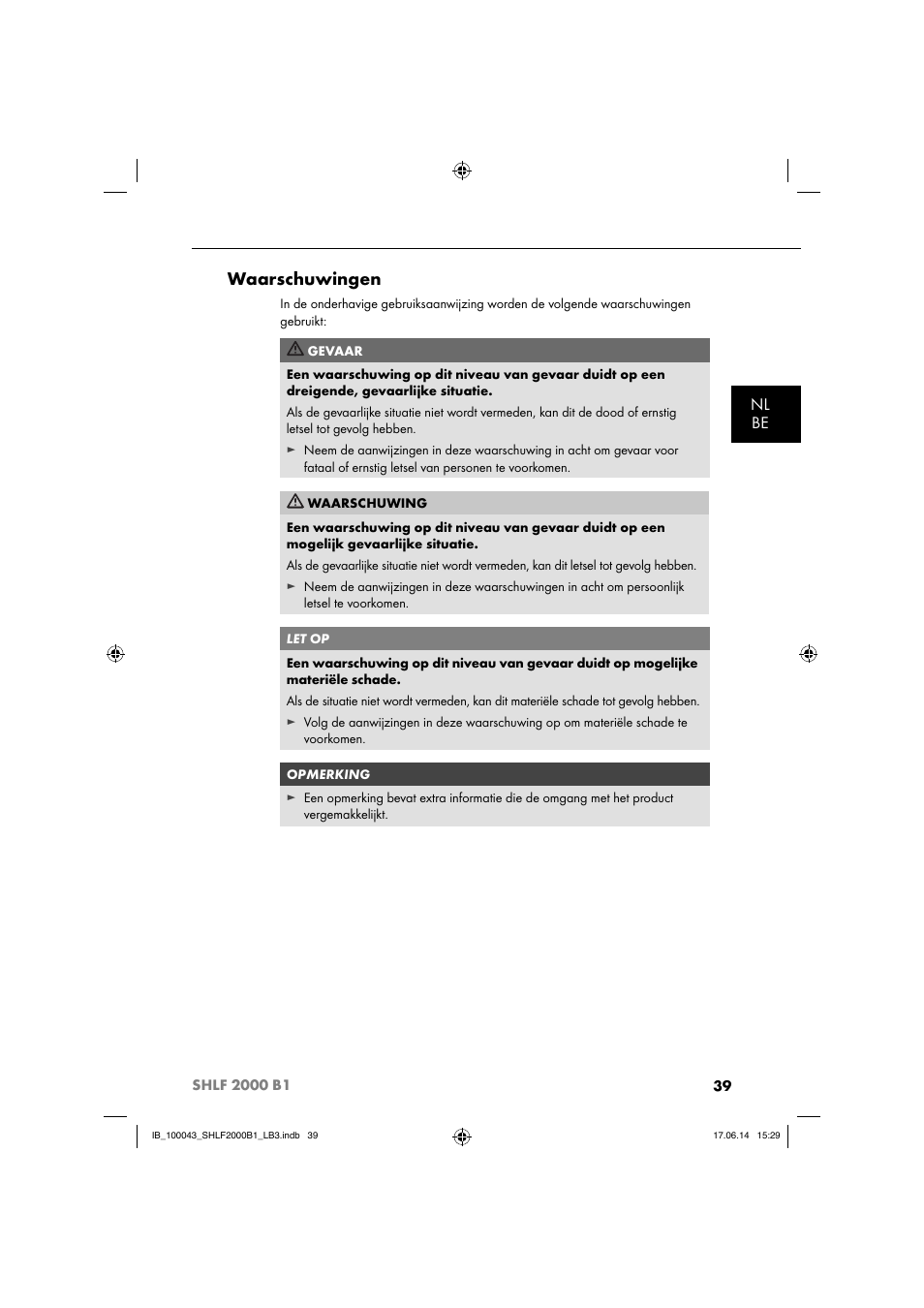 Waarschuwingen, Nl be | Silvercrest SHLF 2000 B1 User Manual | Page 42 / 76