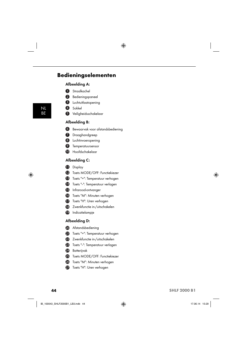 Bedieningselementen, Nl be | Silvercrest SHLF 2000 B1 User Manual | Page 47 / 76