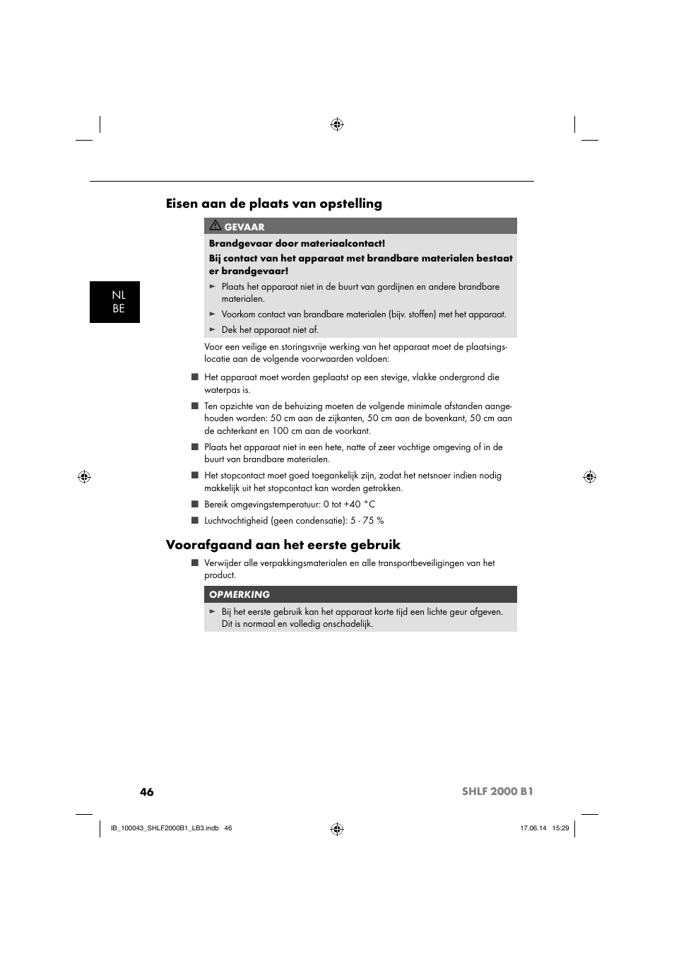 Eisen aan de plaats van opstelling, Voorafgaand aan het eerste gebruik, Nl be | Silvercrest SHLF 2000 B1 User Manual | Page 49 / 76