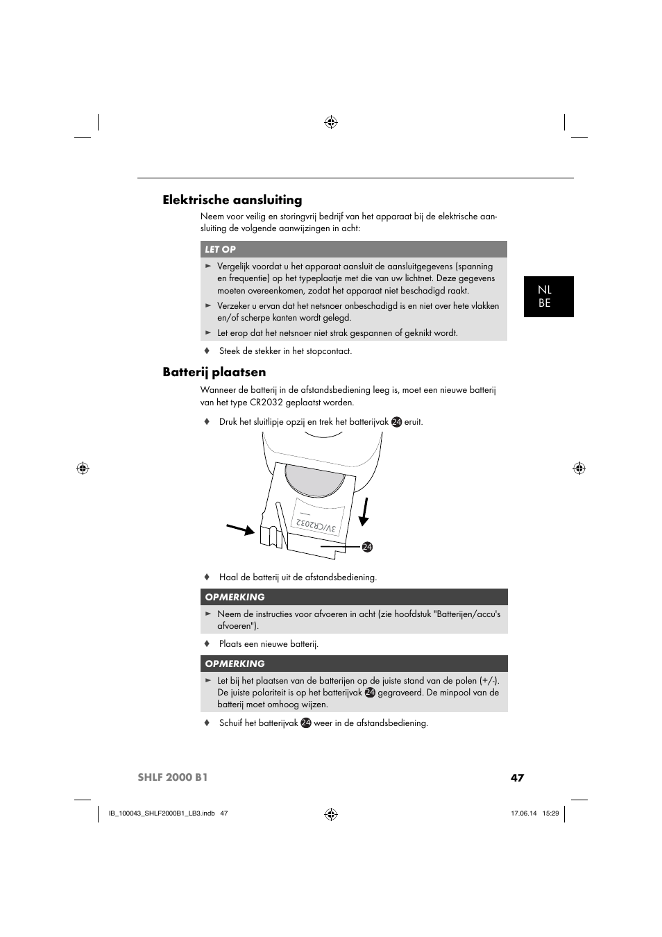 Elektrische aansluiting, Batterij plaatsen, Nl be | Silvercrest SHLF 2000 B1 User Manual | Page 50 / 76