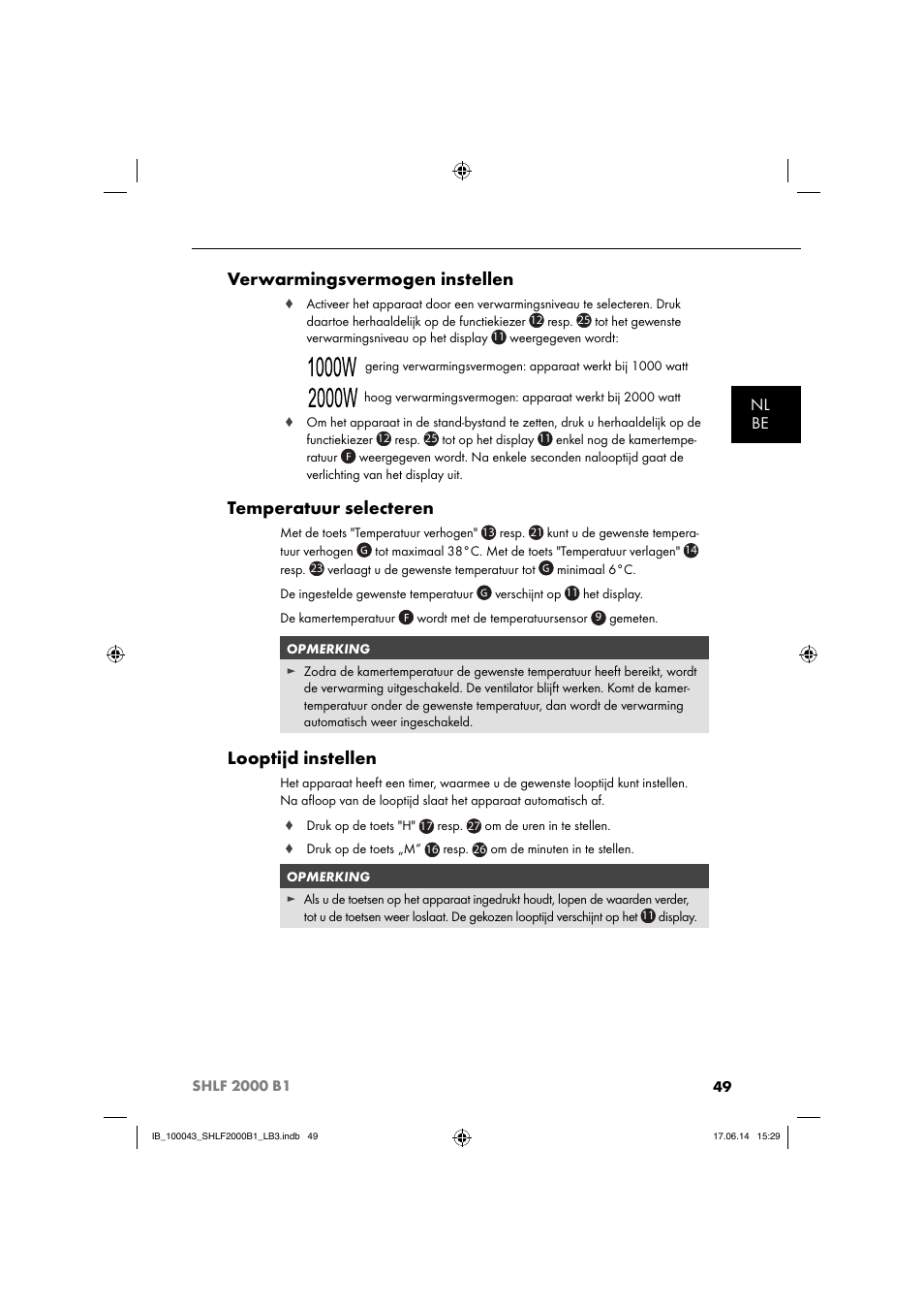 Verwarmingsvermogen instellen, Temperatuur selecteren, Looptijd instellen | Nl be | Silvercrest SHLF 2000 B1 User Manual | Page 52 / 76