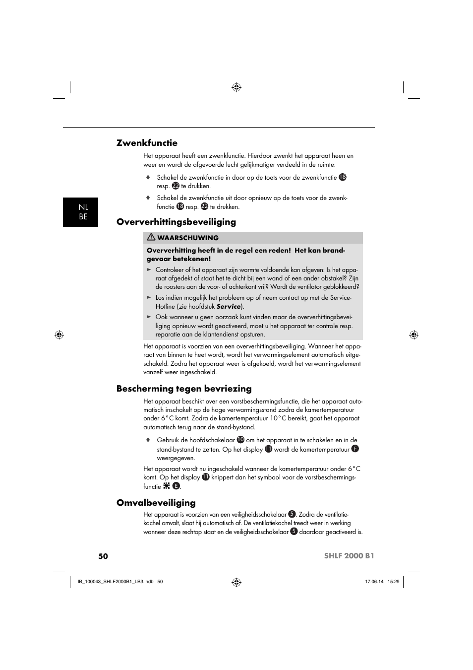 Zwenkfunctie, Oververhittingsbeveiliging, Bescherming tegen bevriezing | Omvalbeveiliging, Nl be | Silvercrest SHLF 2000 B1 User Manual | Page 53 / 76