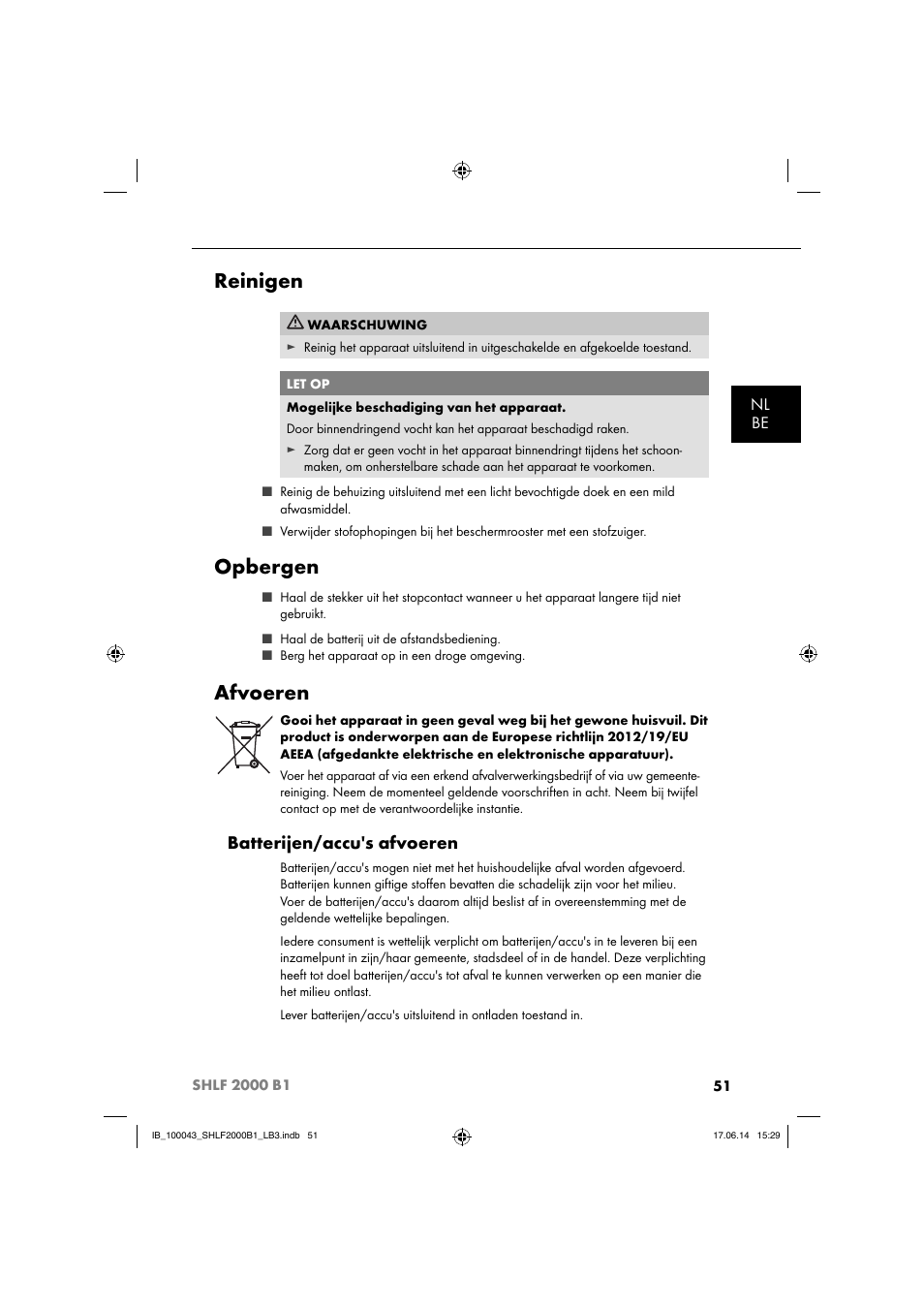 Reinigen, Opbergen, Afvoeren | Batterijen/accu's afvoeren | Silvercrest SHLF 2000 B1 User Manual | Page 54 / 76