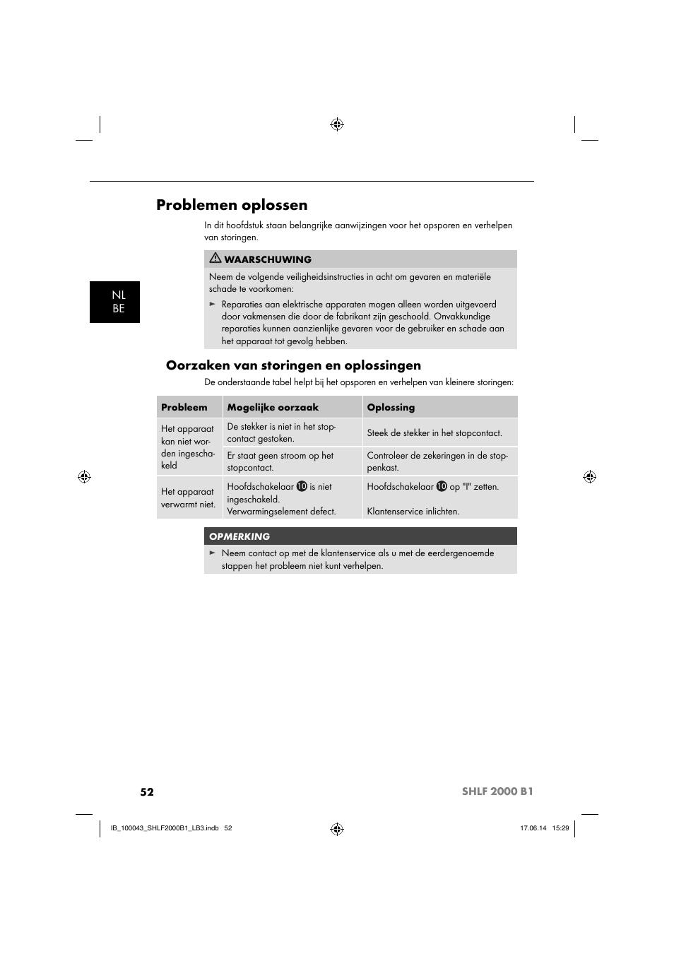 Problemen oplossen, Oorzaken van storingen en oplossingen, Nl be | Silvercrest SHLF 2000 B1 User Manual | Page 55 / 76