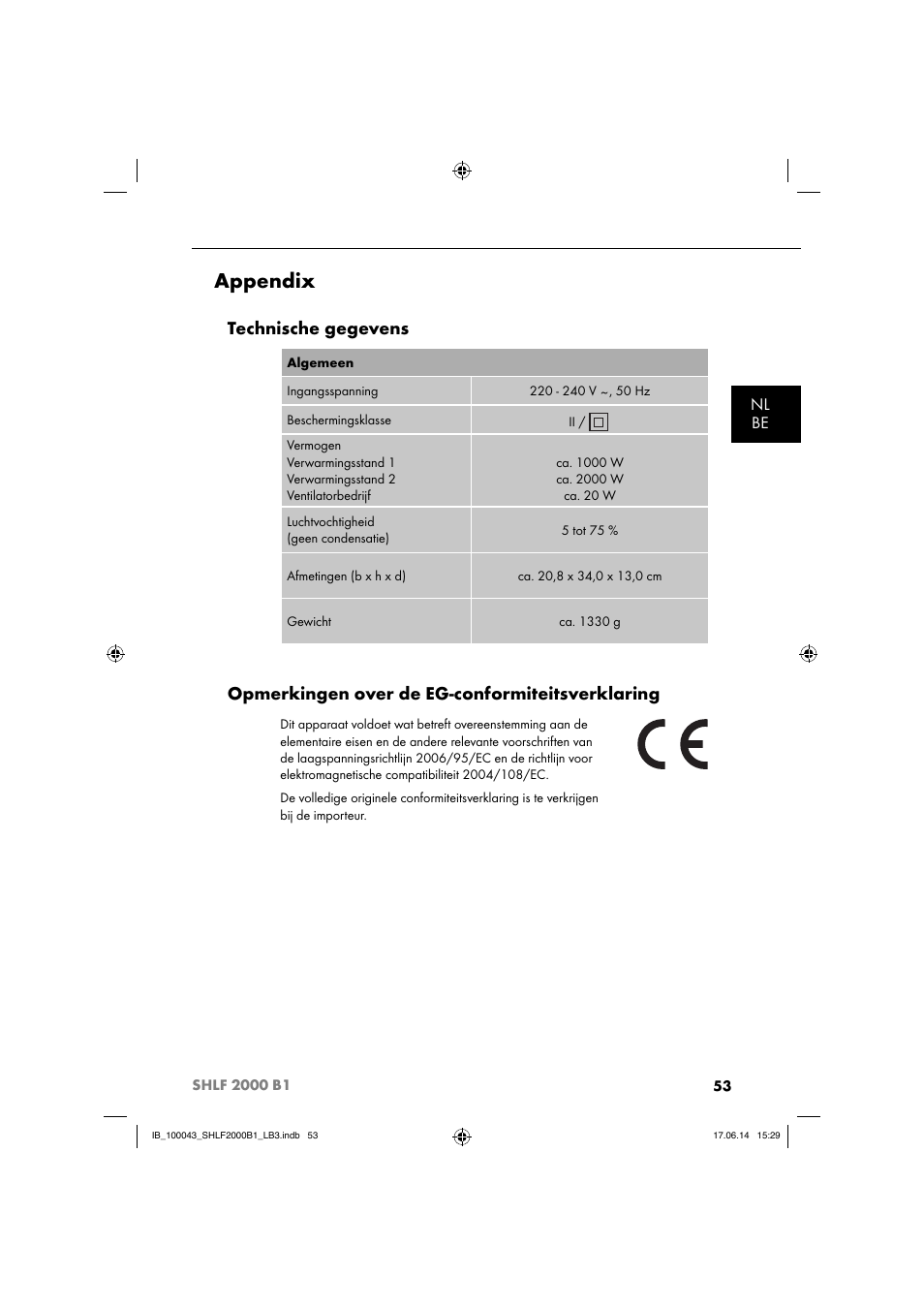 Appendix, Technische gegevens, Opmerkingen over de eg-conformiteitsverklaring | Nl be | Silvercrest SHLF 2000 B1 User Manual | Page 56 / 76