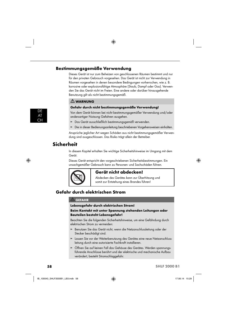 Sicherheit, Bestimmungsgemäße verwendung, Gerät nicht abdecken | Gefahr durch elektrischen strom, De at ch | Silvercrest SHLF 2000 B1 User Manual | Page 61 / 76