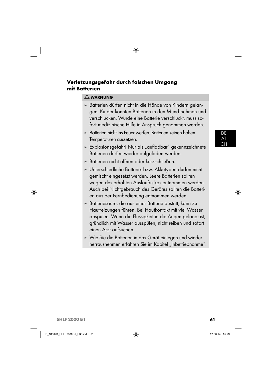 Batterien nicht öﬀ nen oder kurzschließen | Silvercrest SHLF 2000 B1 User Manual | Page 64 / 76