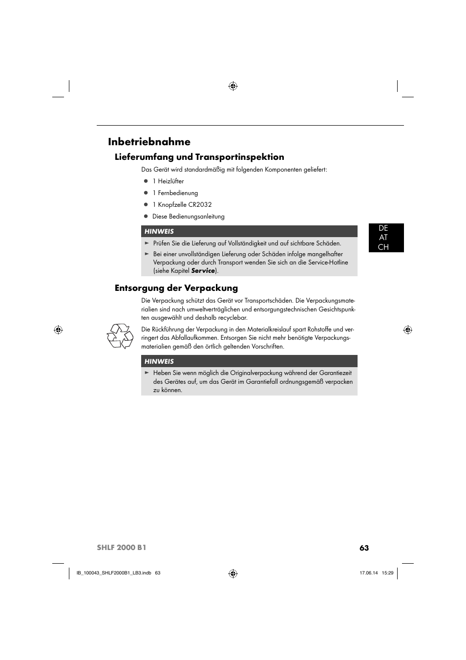 Inbetriebnahme, Lieferumfang und transportinspektion, Entsorgung der verpackung | De at ch | Silvercrest SHLF 2000 B1 User Manual | Page 66 / 76