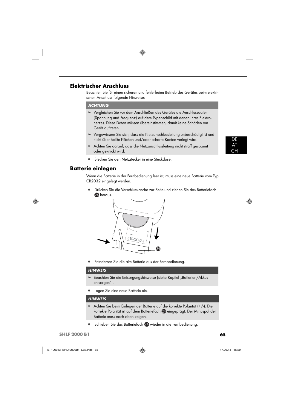 Elektrischer anschluss, Batterie einlegen, De at ch | Silvercrest SHLF 2000 B1 User Manual | Page 68 / 76