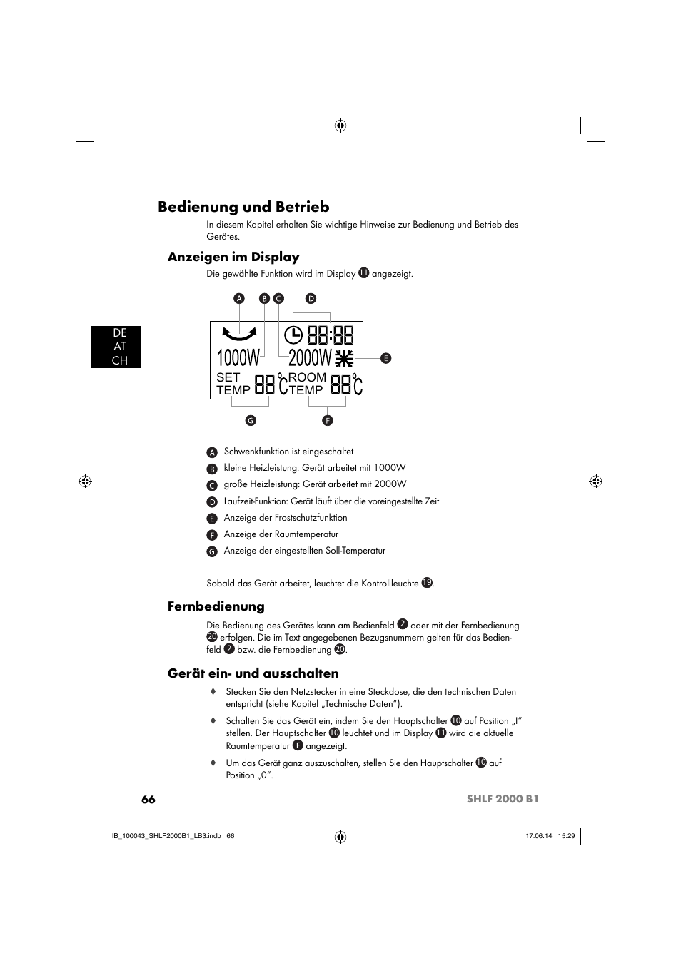 Bedienung und betrieb, Anzeigen im display, Fernbedienung | Gerät ein- und ausschalten, De at ch, Set temp temp room | Silvercrest SHLF 2000 B1 User Manual | Page 69 / 76