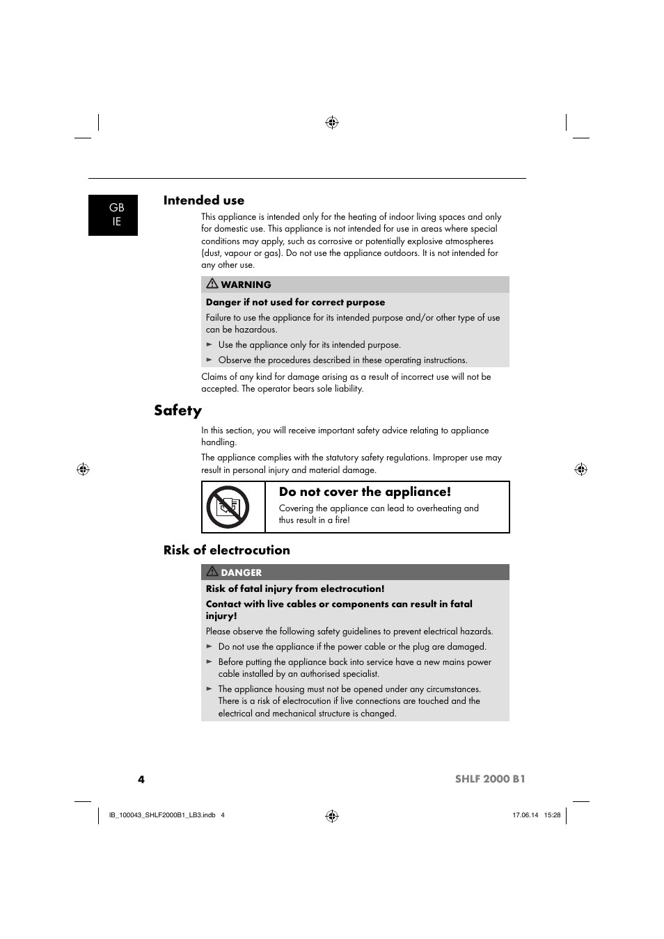 Safety, Intended use, Do not cover the appliance | Risk of electrocution, Gb ie | Silvercrest SHLF 2000 B1 User Manual | Page 7 / 76