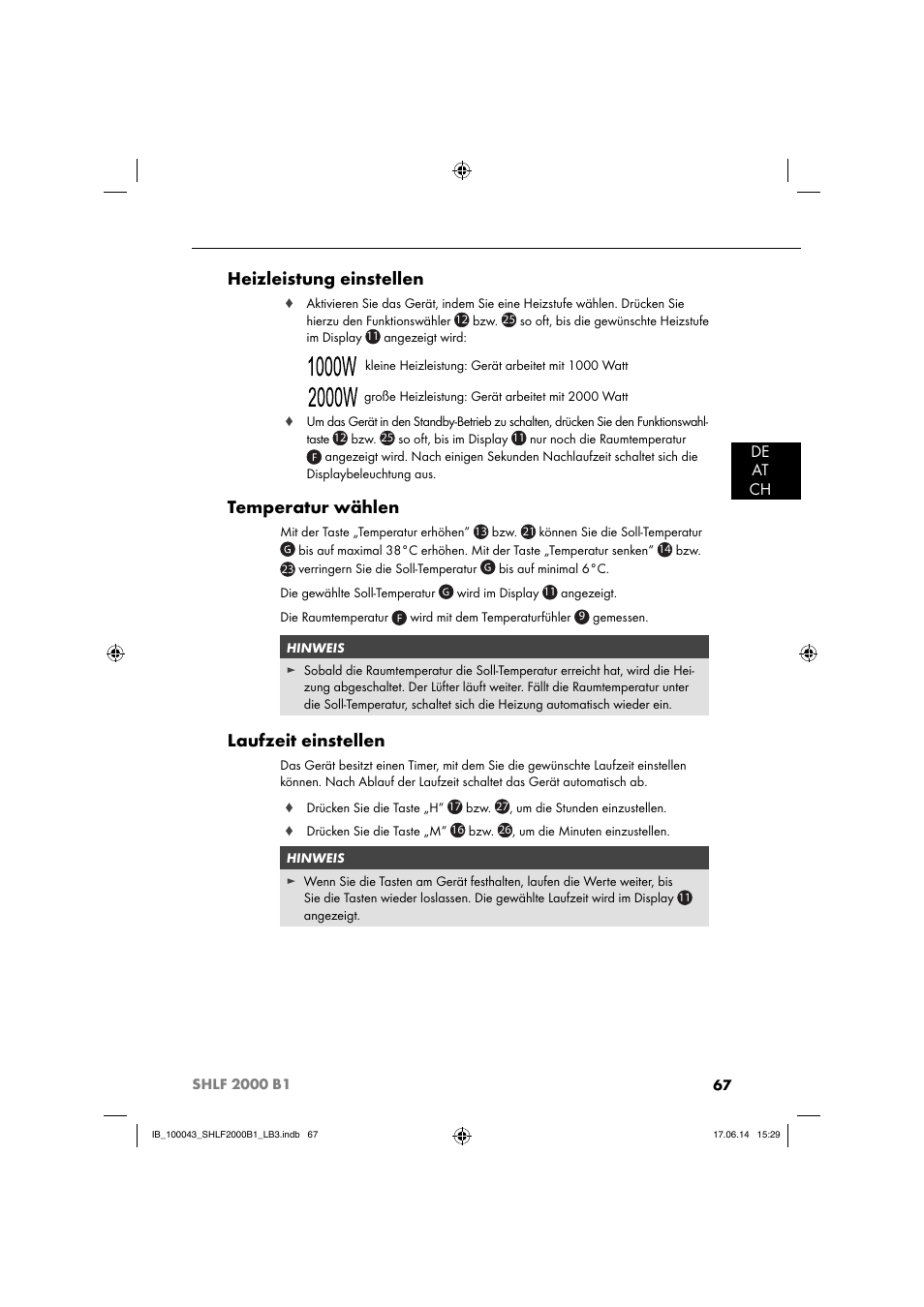 Heizleistung einstellen, Temperatur wählen, Laufzeit einstellen | De at ch | Silvercrest SHLF 2000 B1 User Manual | Page 70 / 76