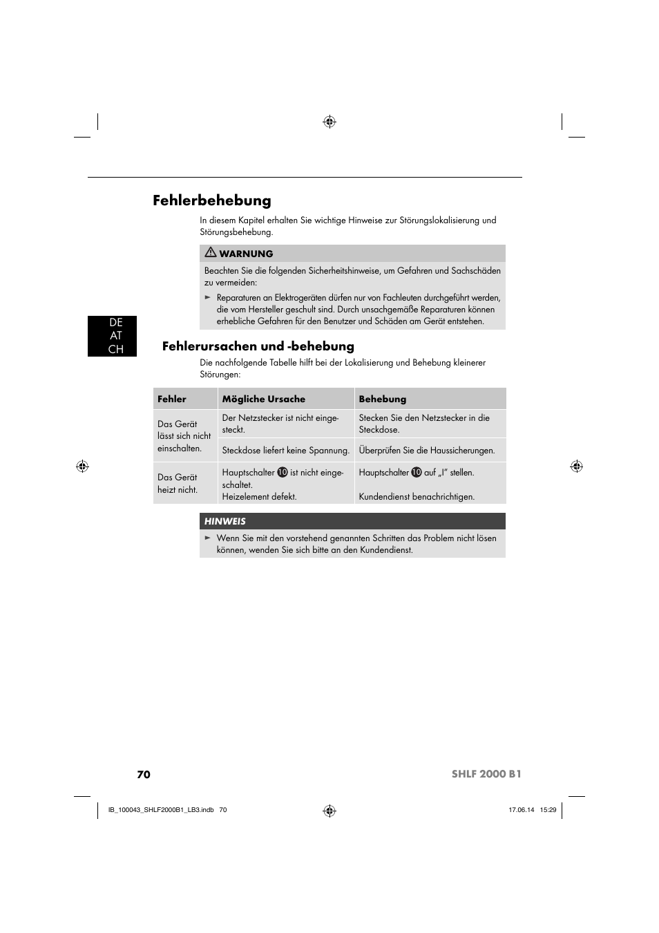 Fehlerbehebung, Fehlerursachen und -behebung, De at ch | Silvercrest SHLF 2000 B1 User Manual | Page 73 / 76