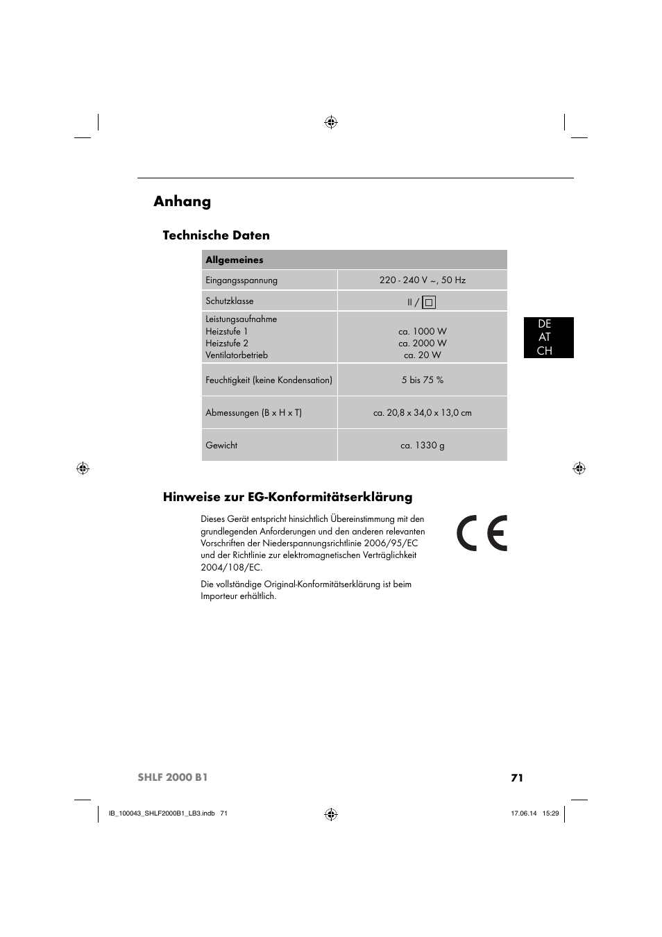 Anhang, Technische daten, Hinweise zur eg-konformitätserklärung | De at ch | Silvercrest SHLF 2000 B1 User Manual | Page 74 / 76