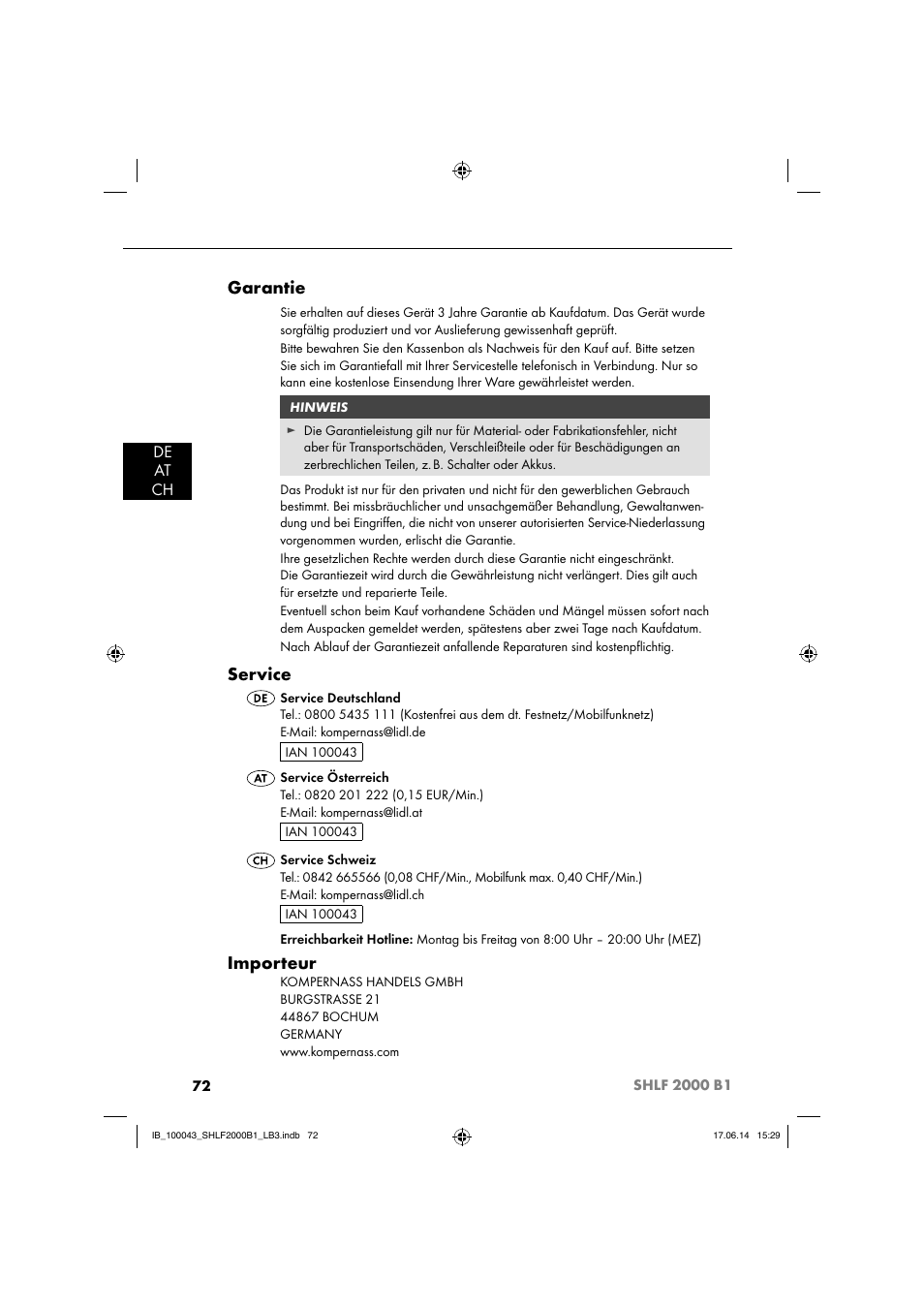 Garantie, Service, Importeur | De at ch | Silvercrest SHLF 2000 B1 User Manual | Page 75 / 76