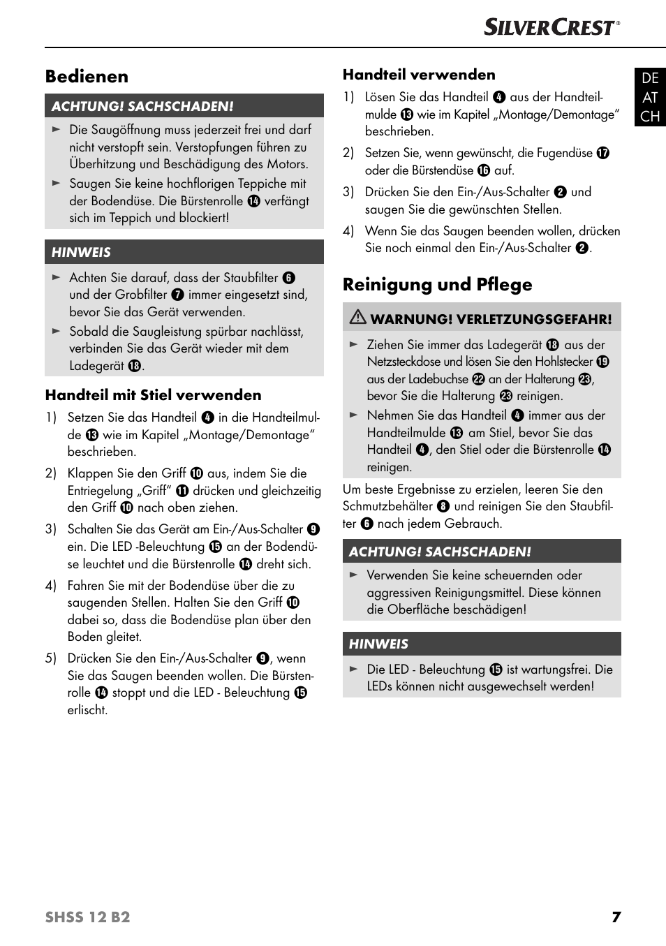 Bedienen, Reinigung und pﬂ ege | Silvercrest SHSS 12 B2 User Manual | Page 10 / 44