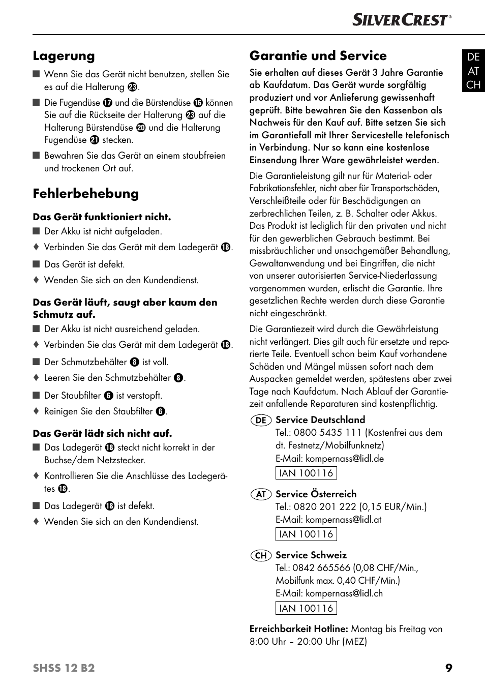 Lagerung, Fehlerbehebung, Garantie und service | Silvercrest SHSS 12 B2 User Manual | Page 12 / 44