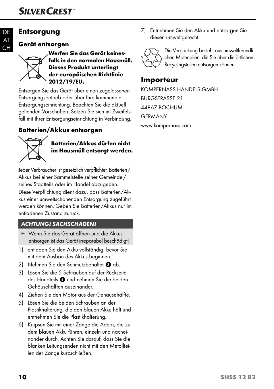 Entsorgung, Importeur | Silvercrest SHSS 12 B2 User Manual | Page 13 / 44