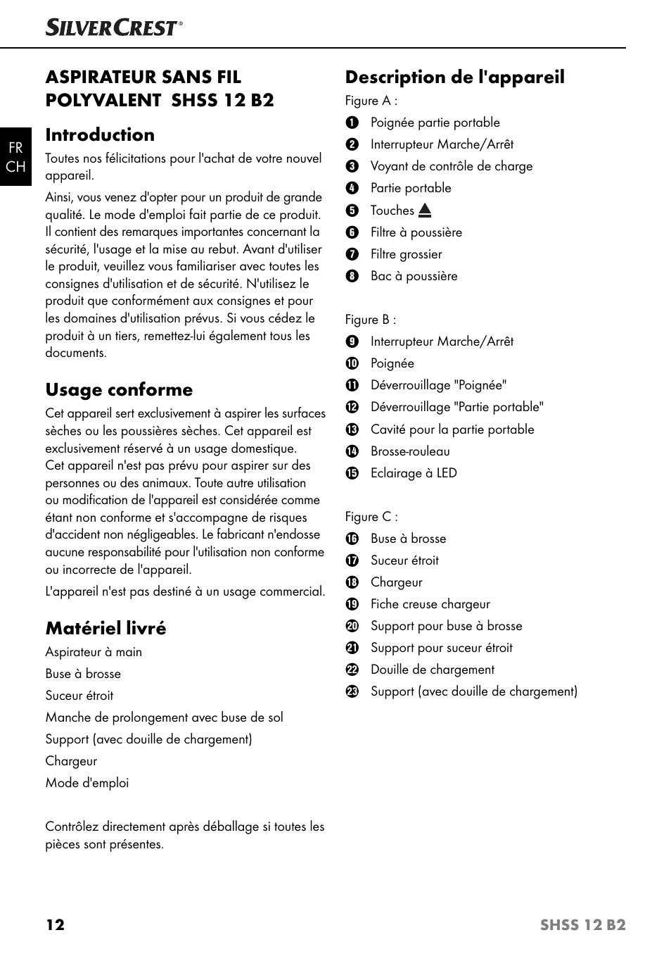 Usage conforme, Matériel livré, Description de l'appareil | Silvercrest SHSS 12 B2 User Manual | Page 15 / 44