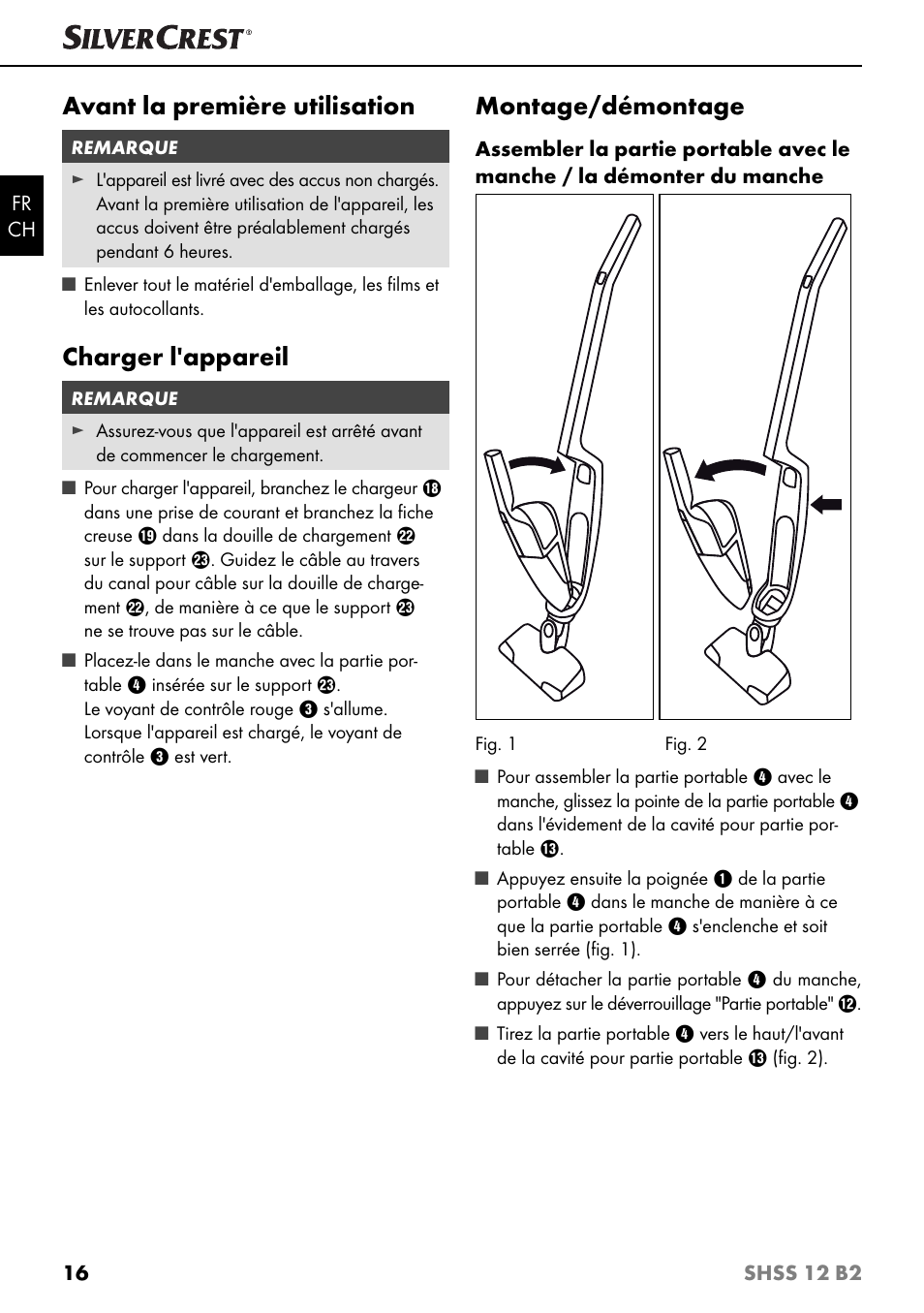 Avant la première utilisation, Charger l'appareil, Montage/démontage | Silvercrest SHSS 12 B2 User Manual | Page 19 / 44
