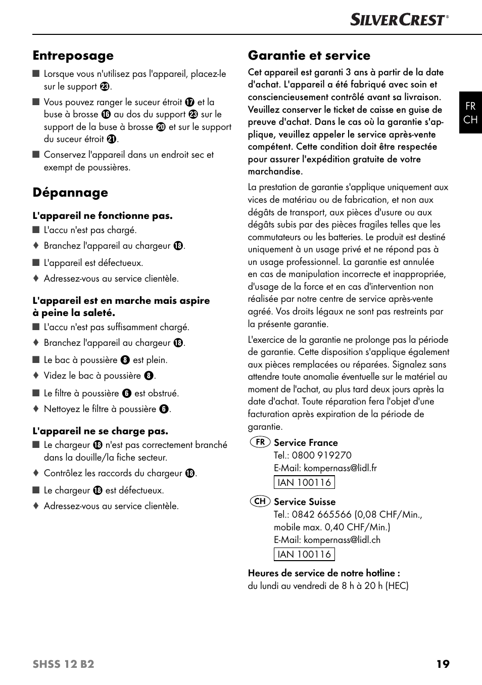 Entreposage, Dépannage, Garantie et service | Silvercrest SHSS 12 B2 User Manual | Page 22 / 44