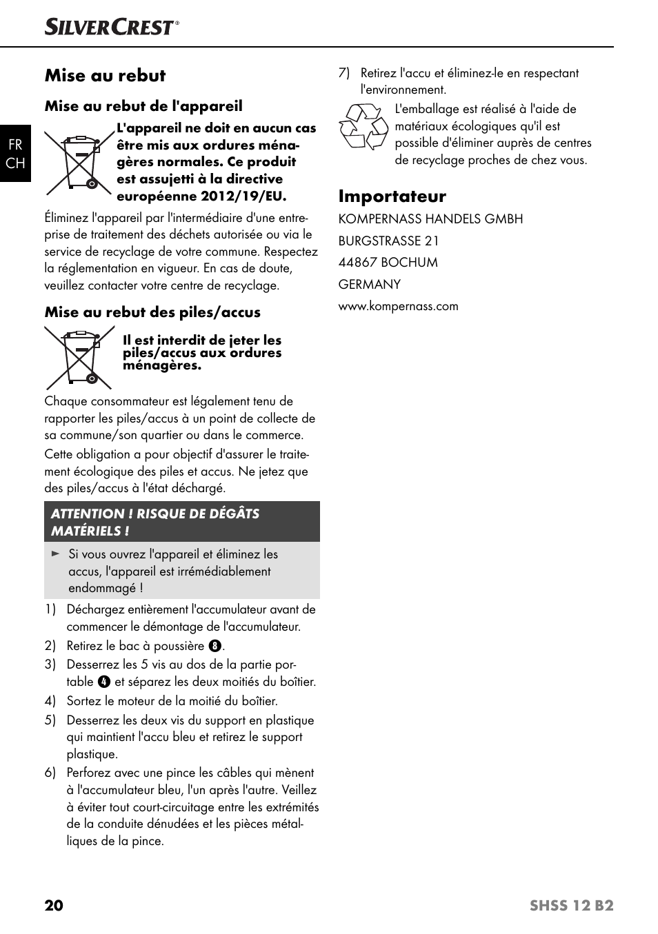 Mise au rebut, Importateur | Silvercrest SHSS 12 B2 User Manual | Page 23 / 44