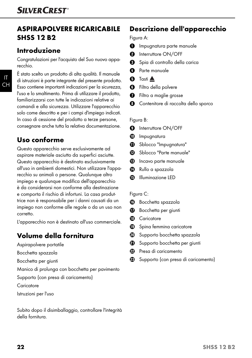 Aspirapolvere ricaricabile shss 12 b2 introduzione, Uso conforme, Volume della fornitura | Descrizione dell'apparecchio | Silvercrest SHSS 12 B2 User Manual | Page 25 / 44