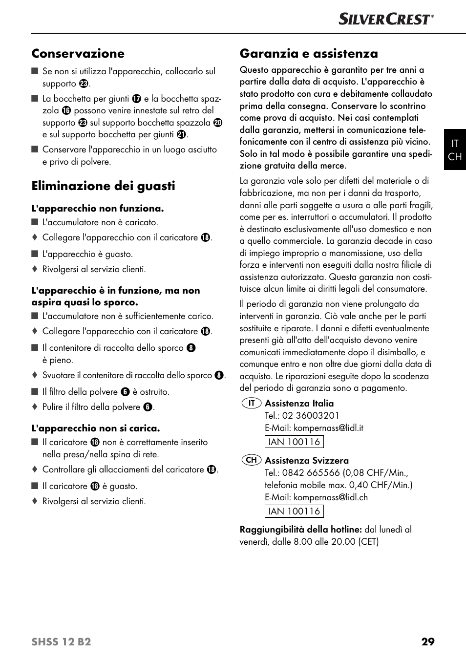 Conservazione, Eliminazione dei guasti, Garanzia e assistenza | Silvercrest SHSS 12 B2 User Manual | Page 32 / 44