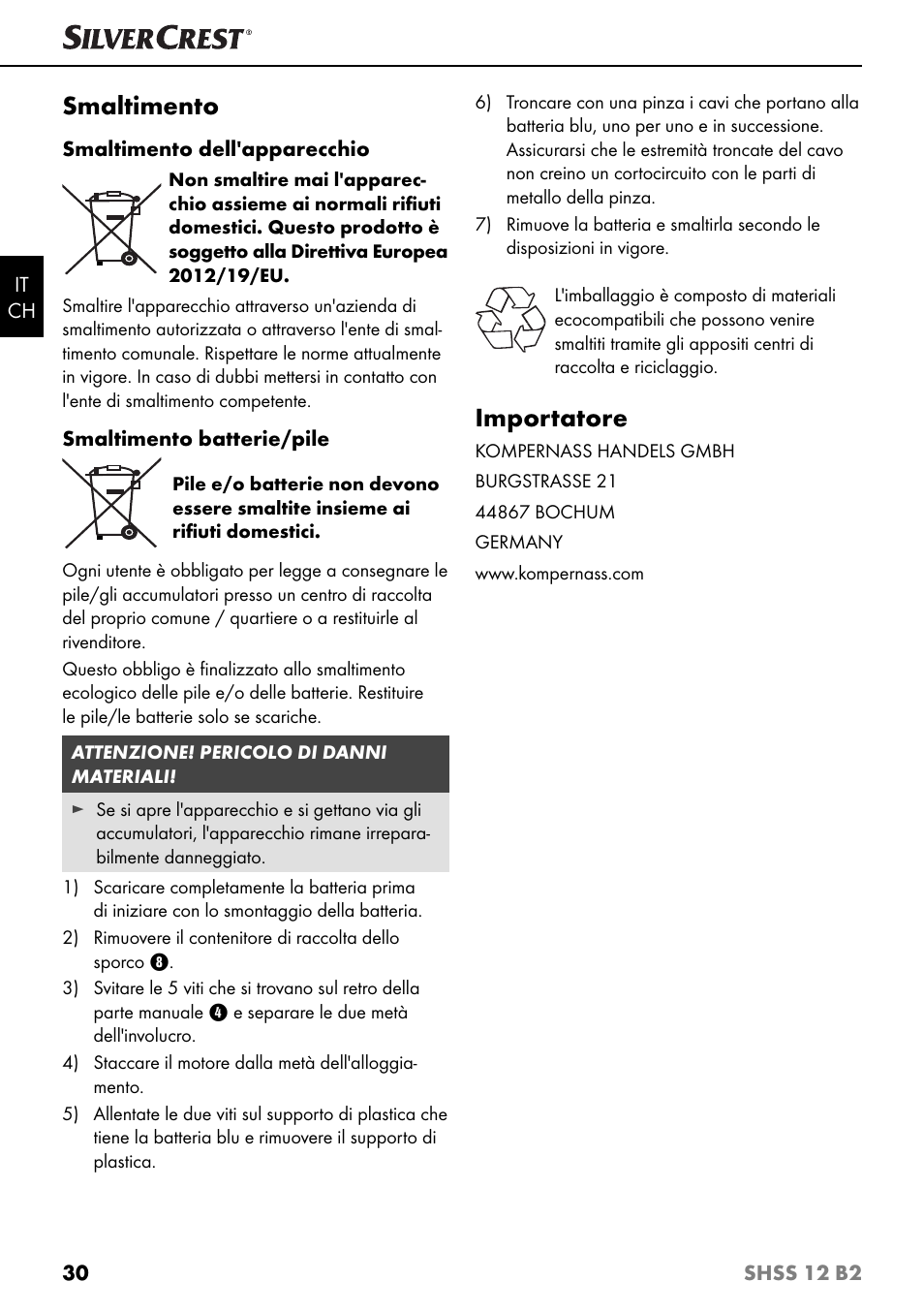Smaltimento, Importatore | Silvercrest SHSS 12 B2 User Manual | Page 33 / 44