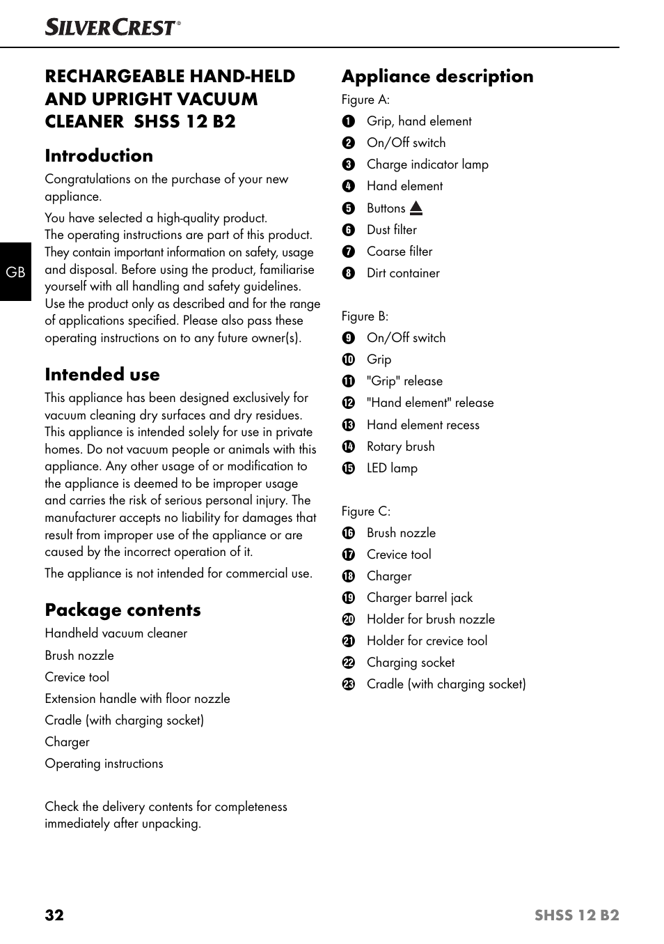 Intended use, Package contents, Appliance description | Silvercrest SHSS 12 B2 User Manual | Page 35 / 44