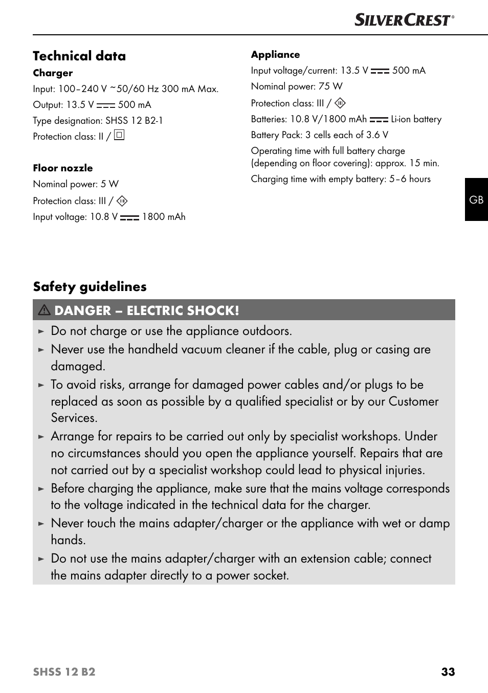 Technical data, Safety guidelines danger – electric shock, Do not charge or use the appliance outdoors | Silvercrest SHSS 12 B2 User Manual | Page 36 / 44