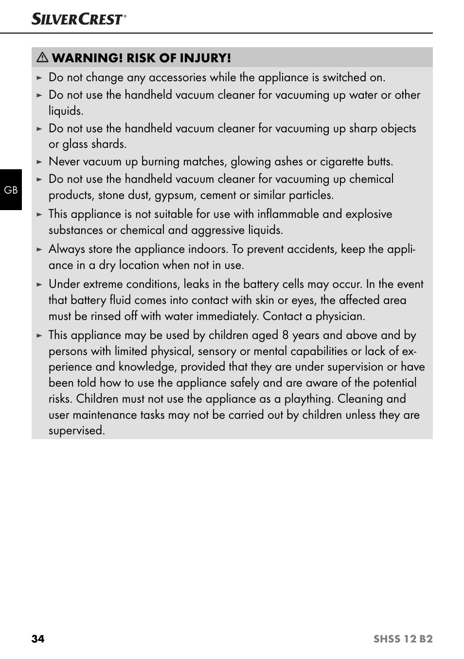 Warning! risk of injury | Silvercrest SHSS 12 B2 User Manual | Page 37 / 44