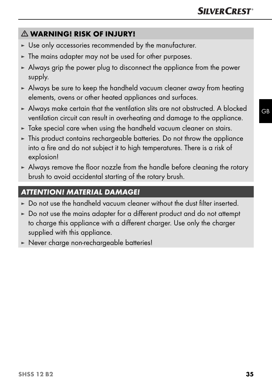 Warning! risk of injury, Never charge non-rechargeable batteries | Silvercrest SHSS 12 B2 User Manual | Page 38 / 44