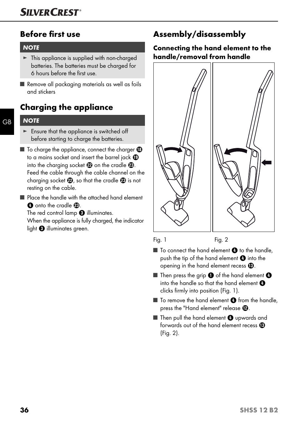 Before ﬁ rst use, Charging the appliance, Assembly/disassembly | Silvercrest SHSS 12 B2 User Manual | Page 39 / 44