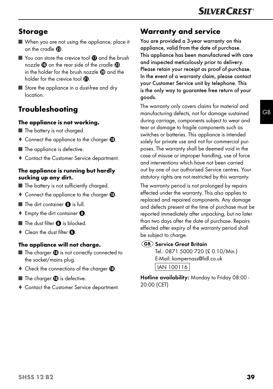 Storage, Troubleshooting, Warranty and service | Silvercrest SHSS 12 B2 User Manual | Page 42 / 44