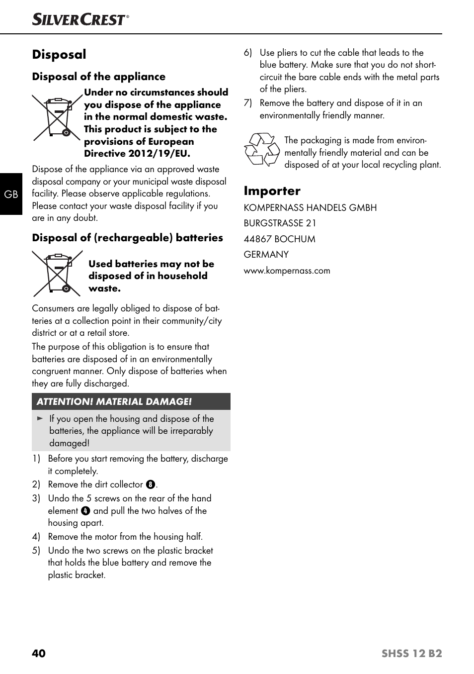 Disposal, Importer | Silvercrest SHSS 12 B2 User Manual | Page 43 / 44