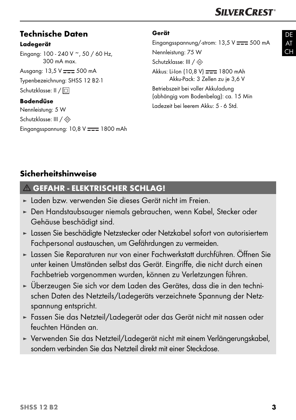 Technische daten, Sicherheitshinweise gefahr - elektrischer schlag | Silvercrest SHSS 12 B2 User Manual | Page 6 / 44